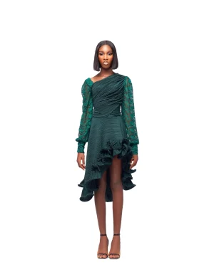 GIVENO EMERALD CASCADE ONE-SHOULDER DRESS